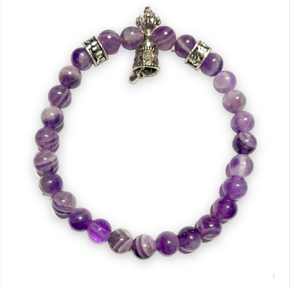 Amethyst Buddhism bracelet, bell and dorje charm - Espiritu Dharma